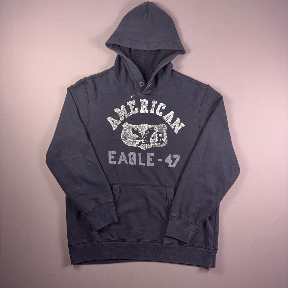 American Eagle Outfitters Mens XL Black Distressed Graphic Hoodie Vintage Fit